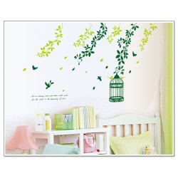 Removable Wall Sticker-Green Tree Branches with Bird Cage