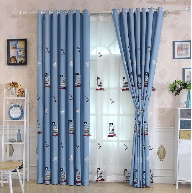 Sail boats design boy's room double layers curtains package blackout curtain with sheer